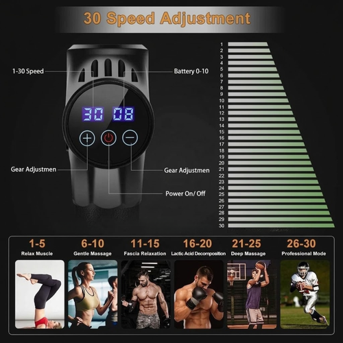 Deep Tissue Massage Gun with 30 Speed Settings – 6 Heads, Carbon Fiber, Type-C Rechargeable, Handheld Percussion Massager for Muscle Recovery