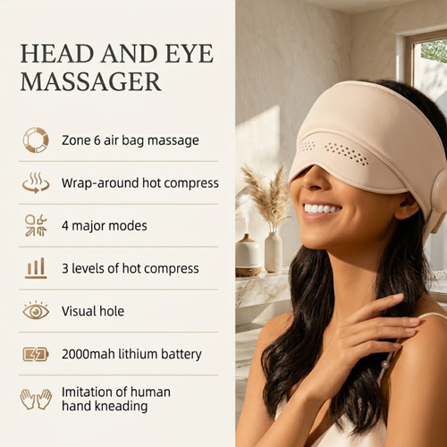 Head & Eye Massager with Heat – 6 Airbags, 4 Modes, Rechargeable, Wired Remote , Wearable Scalp & Eye Compress Massage Helmet